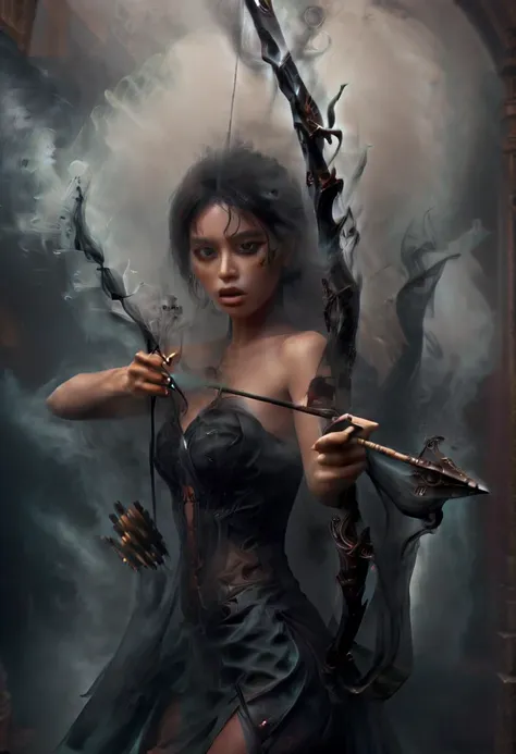 Action shot of beautiful aiming a black bow weapon, (smoke:1.5), bow and arrow, aiming at viewer, girl made up of black smoke, (partially concealed), african woman, nude, very dark skin, smoke on the water, covered by smoke, emerging from the shadows, brig...