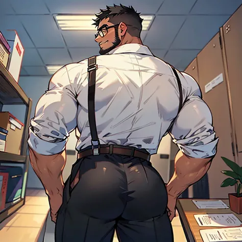 4k, masterpiece, high resolution:1.2, 1 man, solo, bara, muscular, big physique, crew cut hair, facial hair, chest, wide shoulder, biceps, thighs, triceps, butt, black hair, cute smile, friendly, standing in an office, wearing formal trousers, wearing form...