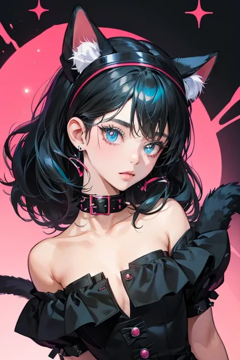 She is a black girl kitty with red devil headband . She has a black nose and two differently colored eyes: one is teal while the other is blue,. She has a pink studded collar. SPARKLE; GLITTER