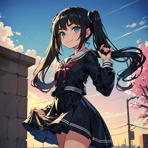 Young girl with black hair, long twintail,  twintail hairstyle, (blue eyes),, ((small bushy eyebrows)), wearing gothic lolita clothing, lolicon , walking to school, flirty smile, , lifting her skirt to show her vagina wet with semen