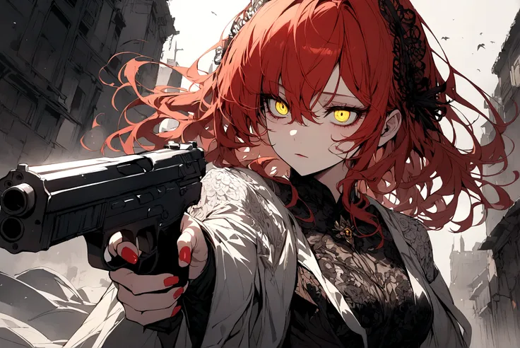 Red-haired girl, Yellow eyes, cold and dead eyes, holding a gun