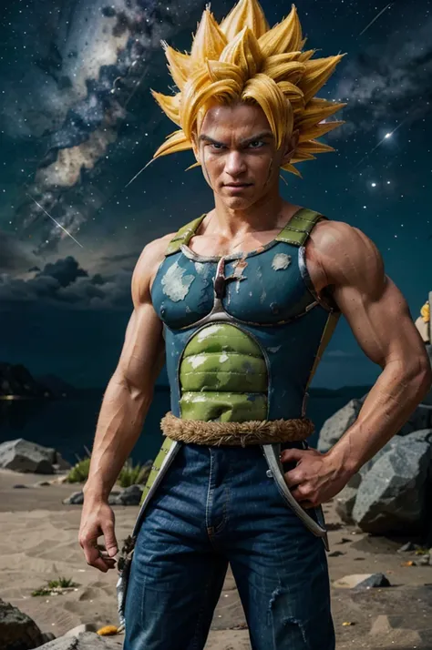 bardock, blue eyes, yellow hair,super sayan, spiky hair, headband, saiyan armor, pants, looking at viewer, serious, tired, grin,...