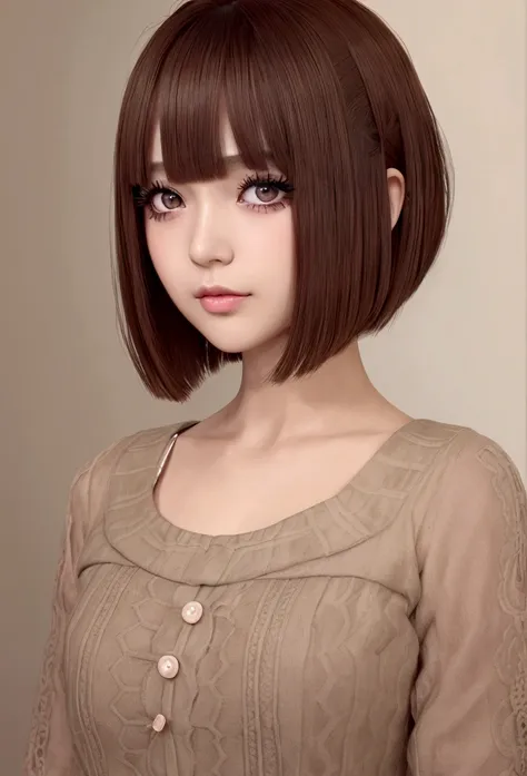 imahealerbutmeme, pamyurin, 1girl, fake eyelashes, long eyelashes, blush, bob cut, brown hair, colored eyes, realistic, pistol