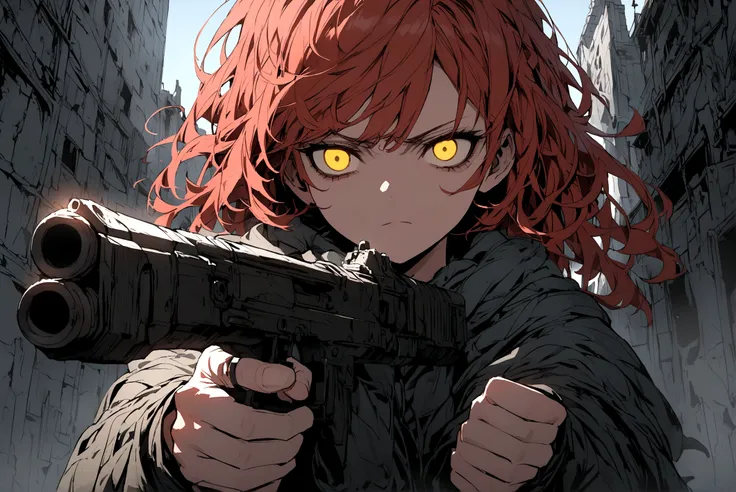 Red-haired girl, Yellow eyes, cold and dead eyes, holding a gun