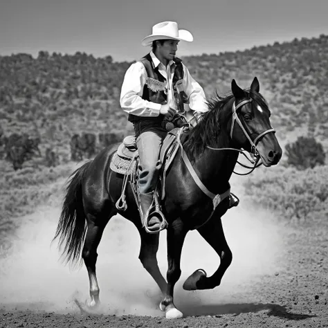 a cowboy riding a horse, black and white