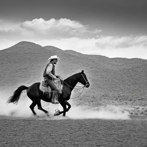 a cowboy riding a horse, black and white