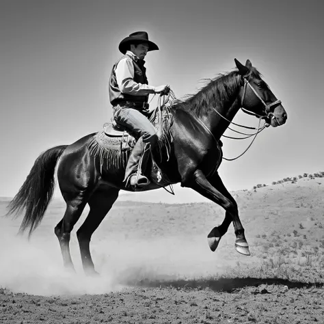 a cowboy riding a horse, black and white