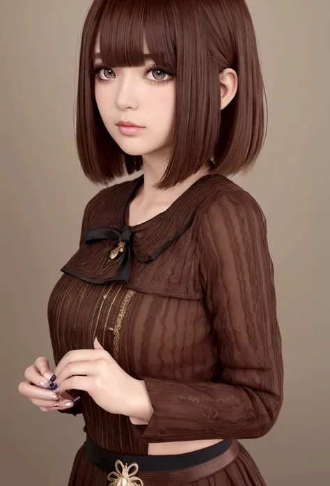 imahealerbutmeme, pamyurin, 1girl, fake eyelashes, long eyelashes, blush, bob cut, brown hair, colored eyes, realistic, pistol