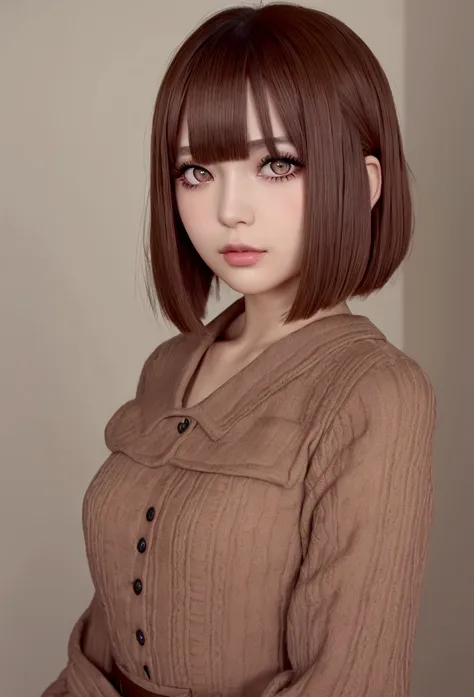 imahealerbutmeme, pamyurin, 1girl, fake eyelashes, long eyelashes, blush, bob cut, brown hair, colored eyes, realistic, pistol