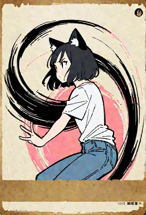 (Thick painting style),Thick line drawing, ((masterpiece,)),(((Highest quality))),sketch,((Adult women in their 20s)),Short black hair,Black cat ears,A plain white T-shirt,jeans,((Face from side,Character Portrait,Full Art,Dynamic pose,whole body)),flat ch...