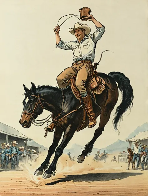 rodeo cowboy riding a horse with its legs up in the air, black and white, 2d