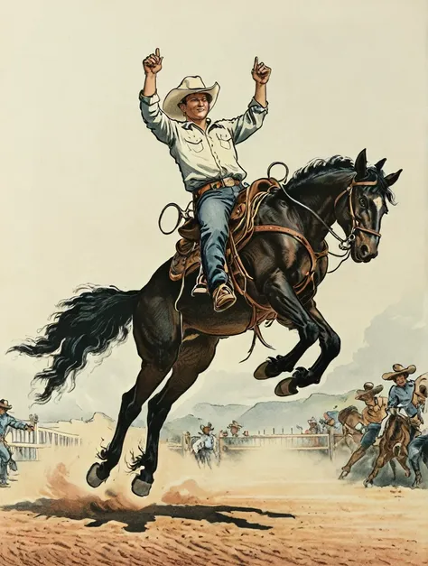 rodeo cowboy riding a horse with its legs up in the air, black and white, 2d