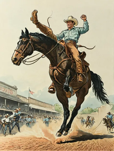 rodeo cowboy riding a horse with its legs up in the air, black and white, 2d