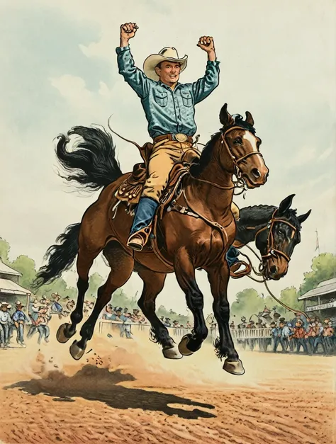 rodeo cowboy riding a horse with its legs up in the air, black and white, 2d