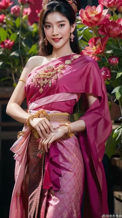 ((masterpiece)),upper body : lady nang kwak, thai girl in a traditional thai dress, magenta, with a fine pattern. ,beautiful smi...