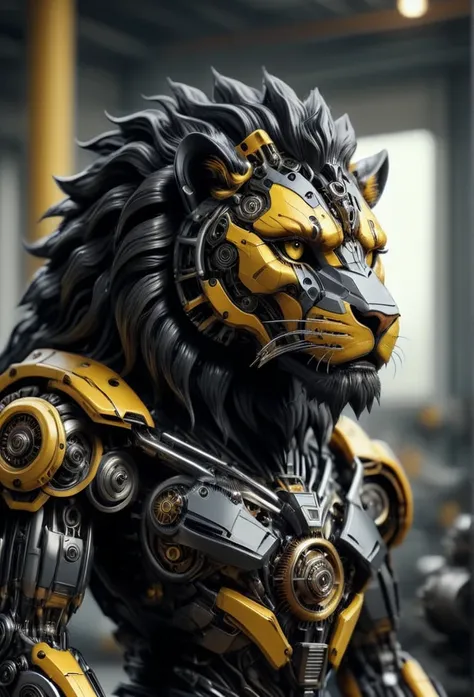 transformersstyle, black and yellow mechanical lion, selective focus, hyperrealistic, hyperdetailed