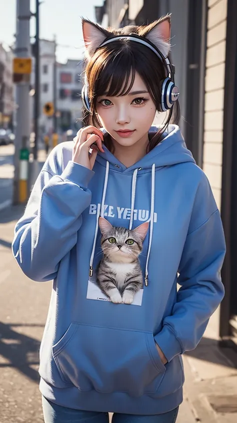 cute cat with fluffy fur wearing one hoodie and headphones, the background is modern and inorganic, adorable digital painting, 3...