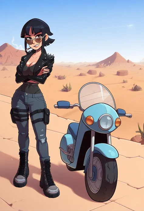 female, short messy black hair, aviator sunglasses, cigarette in mouth, black leather jacket, worn jeans, leather boots, huge chopper bike, desert landscape, sun above, bike gang, close up, huge breasts, defiant smile, leaning back, standing, legs crossed,...