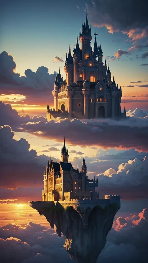 Only one castle in the clouds floating above the sky, surrealism painting style, twilight color palette, majestic architecture, dreamy atmosphere, Salvador Dali painting style, emotional nostalgic atmosphere