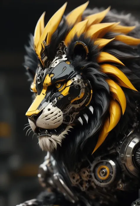 transformersstyle, black and yellow mechanical lion, selective focus, hyperrealistic, hyperdetailed