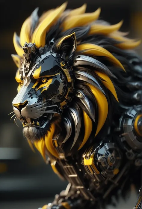 transformersstyle, black and yellow mechanical lion, selective focus, hyperrealistic, hyperdetailed