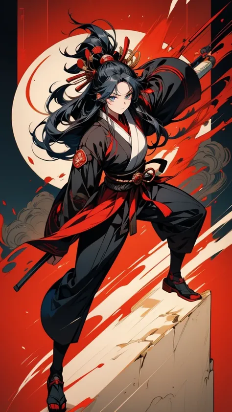 Anime girl with long hair and blue eyes in red and black clothes, From the Sengoku period, onmyoji portrait, by Shimo, female Anime characters, By Ren, Anime characters, Wearing old samurai clothes, detailed Anime characters art, by Li Zai, Kantai Collecti...