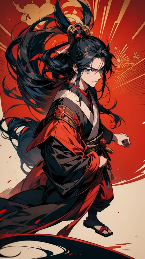 Anime boy with long hair and blue eyes wearing red and black clothes, From the Sengoku period, onmyoji portrait, by Shimo, female Anime characters, By Ren, Anime characters, Wearing old samurai clothes, detailed Anime characters art, by Li Zai, Kantai Coll...