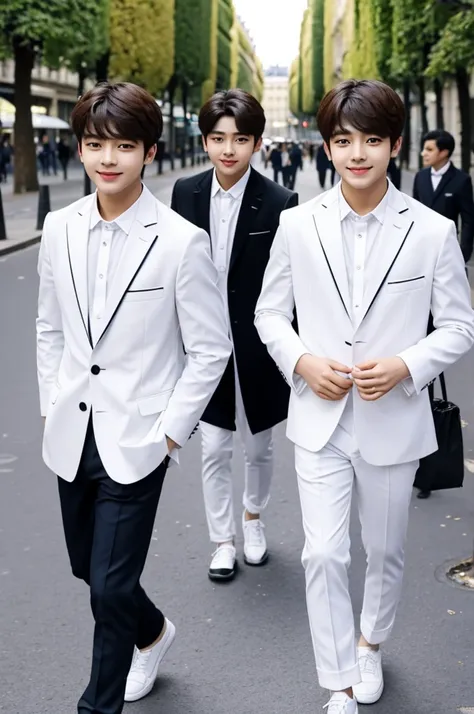 Two boys in Paris dressed alike in white, one with the face of Hyunjin from Star kids and Eunwoon from Astro 