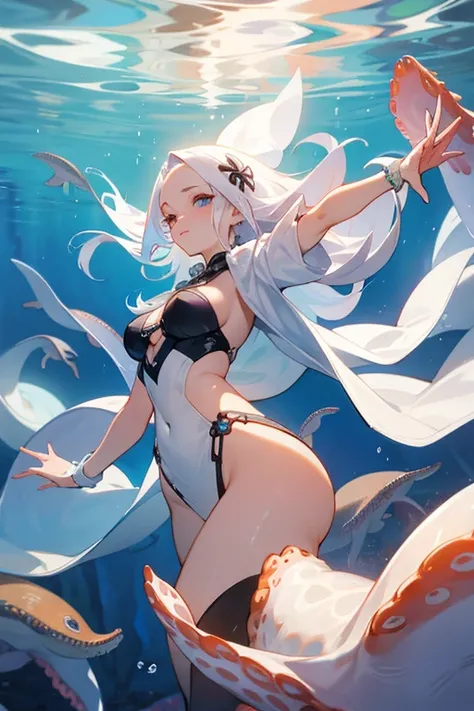 beautfull woman, with white hair ,in the water with an octopus 