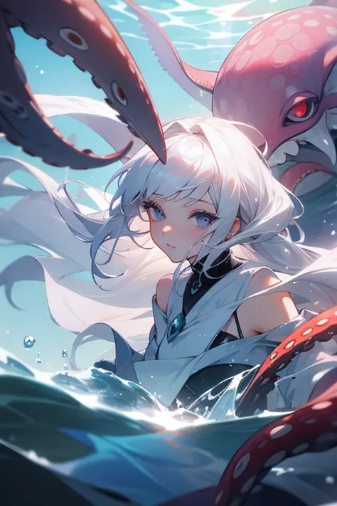 beautfull woman, with white hair ,in the water with an octopus 