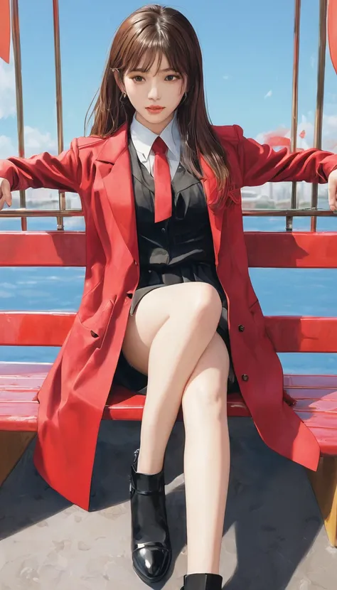 (best quality), (very aesthetic), (ultra-detailed), (best illustration), 1 girl, Solo, GAL, Japanese, long straight hair, light brown hair, black dress shirt, red jacket, cross ones legs and sit on them