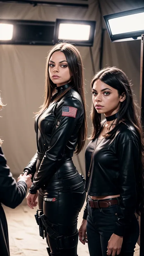 there are two women that are standing together with duct on their mouths, on set, behind the scenes photo, they are very serious, tv show still, set photo in costume, behind the scenes, abcdefghijklmnopqrstuvwxyz, mila kunis wearing black choker, promo sti...