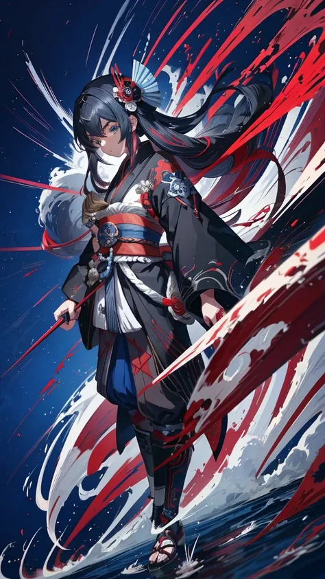 Anime boy with long hair and blue eyes wearing red and black clothes, From the Sengoku period, onmyoji portrait, by Shimo, female Anime characters, By Ren, Anime characters, Wearing old samurai clothes, detailed Anime characters art, by Li Zai, Kantai Coll...