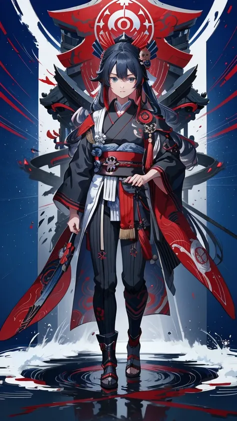 Anime boy with long hair and blue eyes wearing red and black clothes, From the Sengoku period, onmyoji portrait, by Shimo, female Anime characters, By Ren, Anime characters, Wearing old samurai clothes, detailed Anime characters art, by Li Zai, Kantai Coll...