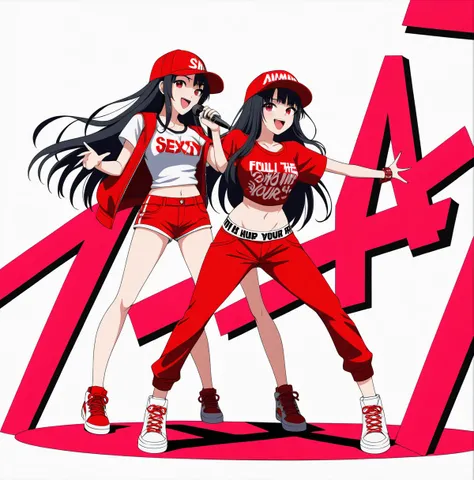 Background white, White background, ((((White background)))), ((((Full body)))), Black Hair, Long Hair, Baseball Cap, Anime Style, beautiful girl, Red eyes, Hip Hop Clothes, Red clothes, Hold the microphone, Dynamic Angle, 4K, 8K, smile, Open your mouth, s...