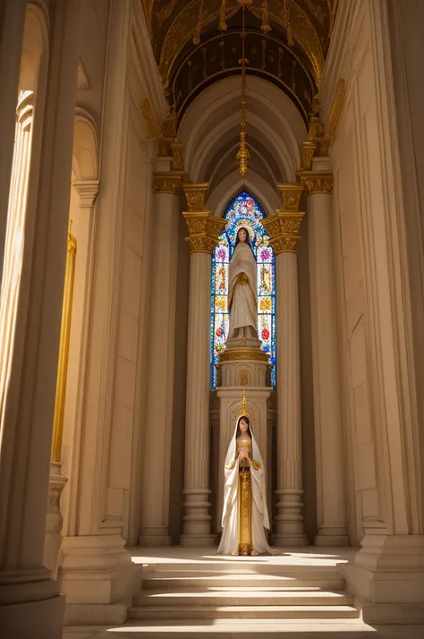 Our Lady of Grace standing in the temple, with hands facing feet with palms facing forward.