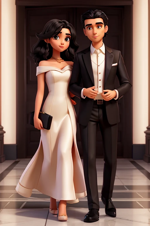 A woman in makeup with beautiful shoulder-length black hair with brown eyes wearing a beautiful long salmon-colored silk dress with high-heeled sandals and a man with black hair, black eyes, white suit, black shoes