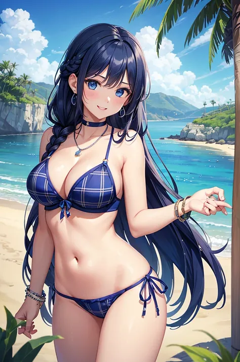 Highest quality、Highest quality、masterpiece、(8K),beauty(Age 25)、Navy blue long hair(Braiding of the sides)、blue eyes、Sexy Bikini(Plaid)、Big cleavage、(Big Breasts)、smile、blue necklace、Blue Earrings、background(Beach)、Please open your mouth wide、bracelet、Arch...