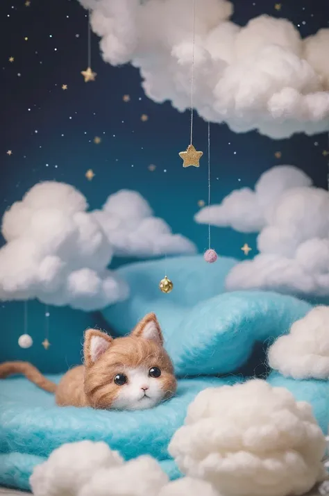 Needle Felt Art: 1.5, Wool felt art: 1.5, 子猫のmasterpiece, Fairyland, Floating Kitten, Fluffy Clouds, Hairy cat, innocent and playful Hairy cat, A dreamy space, Intricate details, High detail, high quality, masterpiece,Magical Land