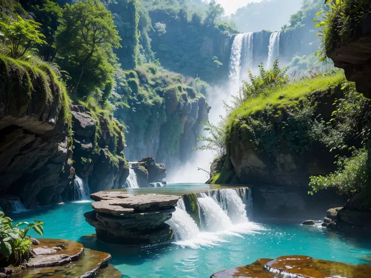 8K HD quality，Photos of the lush deep canyon, Waterfalls soar into the sky，Merges into the pristine pool below, The mist and leaves add an air of mystery and beauty to the scene.,