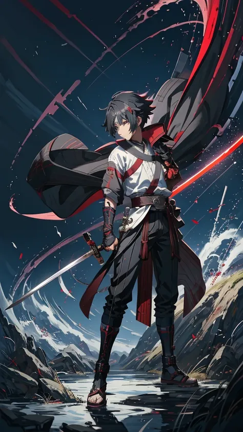 With a sword and a red belt、Anime character holding a sword, Hajime Yatate, okata kazuto, shirow Authentic, shikanosuke yagaki, Inspired by Hiro Yamagata, Samurai Man Wanderer, inspired by Kanō Sanraku, akiyuki shinbou, Authentic, Full body martial arts
