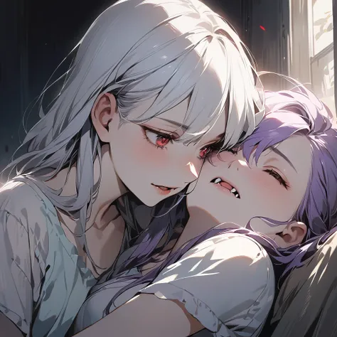 (Cute two girls:1.5),
(masterpiece:1.3), anime visual, (tilt head:1.3), extremely delicate face, realistic lighting and shading, (an extremely delicate and beautiful art:1.3),  (muted colors:1.1), A vampire in the form of a girl with white hair and red eye...