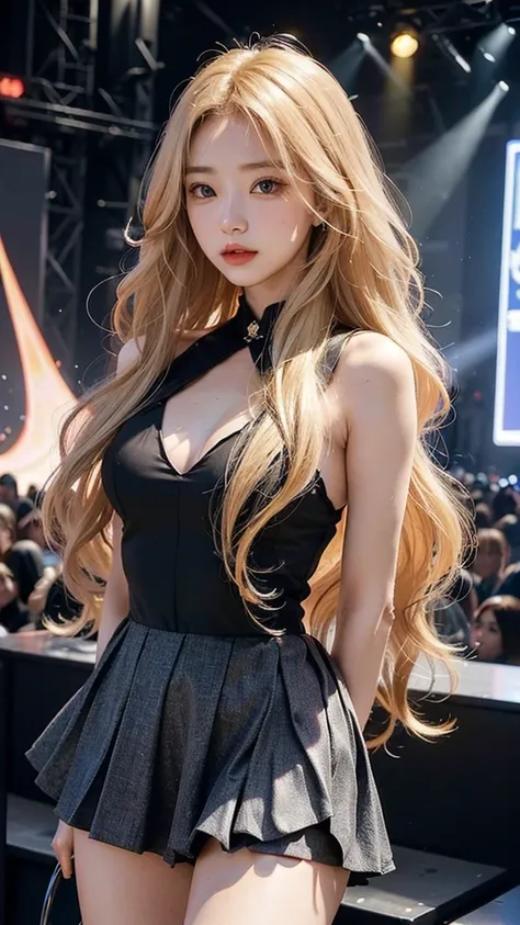 Beutiful woman corean 
   - **Hair:** Ash blonde, long and wavy.
   - **Eyes:** Large and bright, hazel in color.
   - **Visual Style:** Energetic, with a vibrant aura on stage.
