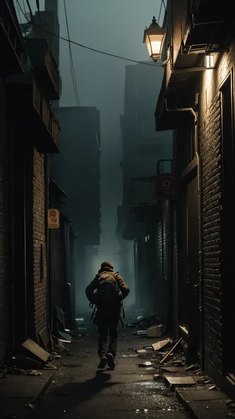 a desperate run of a young  through dark and empty streets, echoing footsteps on the pavement as the Old Sack Seller slowly approaches, creating a sense of anguish,(best quality,4k,8k,highres,masterpiece:1.2),ultra-detailed,(realistic,photorealistic,photo-...