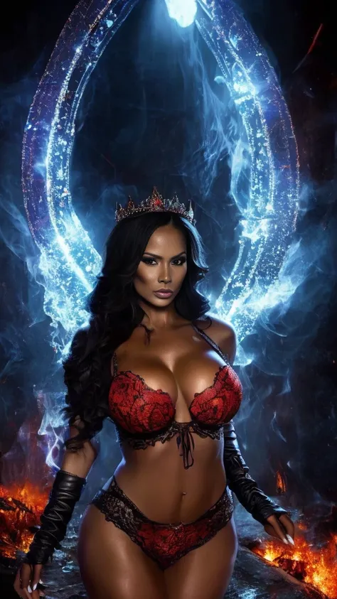 dark fantasy,  fire goddess adult Latina model Daisy Marie, 34dd-cup breasts, cleavage,  excessive cleavage, intricate details, insane details, volumetric lighting, ominous atmosphere, ominus lights, spectral atmosphere, red fire sparkles 