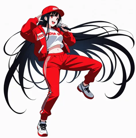 Background white, White background, ((((White background)))), ((((Full body)))), Black Hair, Long Hair, Baseball Cap, Anime Style, 1 person, beautiful girl, Red eyes, Hip Hop Clothes, Red clothes, Hold the microphone, Dynamic Angle, 4K, 8K, smile, Open you...