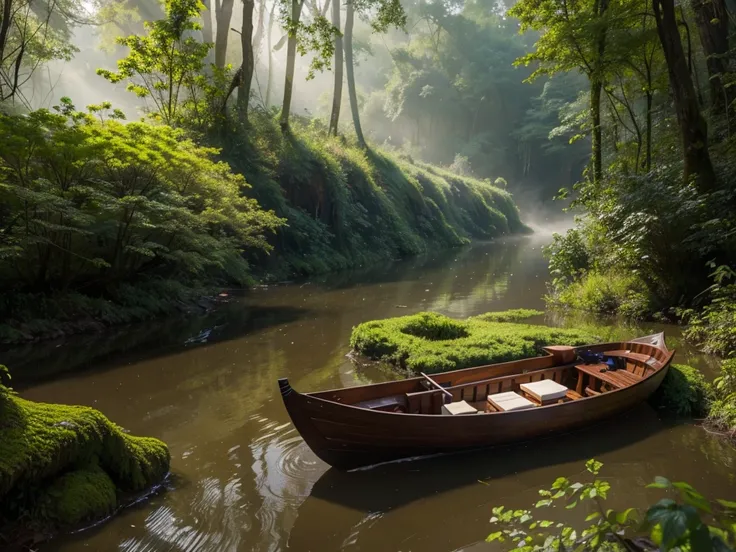 8K HD quality，Photos of the lush deep canyon, River forest small wooden boat，The forest grows in the river，The mist and leaves add an air of mystery and beauty to the scene.,