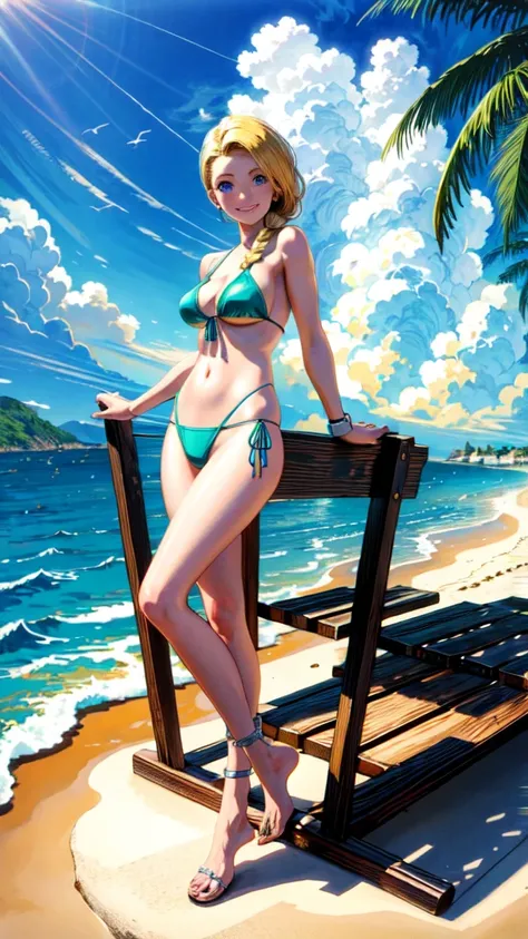 (masterpiece, highest quality:1.2), 1 girl, solo, 1 girl, Bianca, DQ5, illustration, anime style, long hair, blonde hair, single braid, blue eyes, smiling, green Bikini, beach, full body standing pose