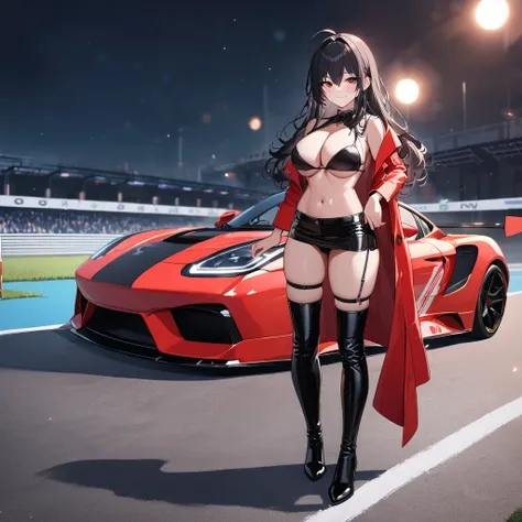 A woman wearing a long red leather coat, open coat, wearing a black bikini, eye red, black leather boots, race queen, sunglasses, black hair, long hair, ahoge, smiling, big breasts, standing on a running track, wide view of a lawn, concrete track, a black ...