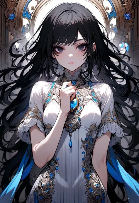 Femboy with slightly long black hair, a light blue lock, a white shirt with short sleeves, a short. black eyes and eyeliner